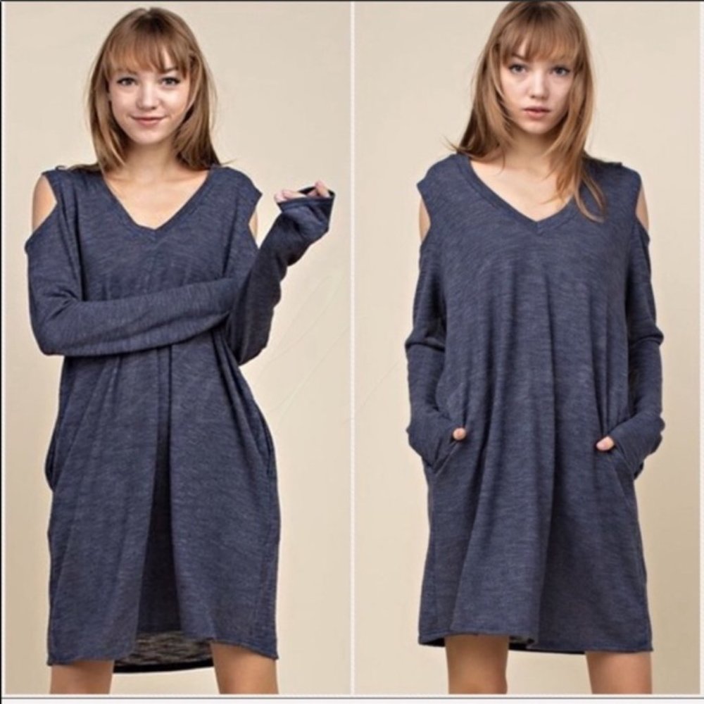 Cold Shoulder Soft Heather Blue Dress W/ POCKETS